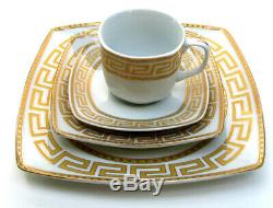 Euro Porcelain 20-pc Square White Dinnerware Set Service for 4 Greek Key Gold