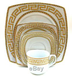 Euro Porcelain 20-pc Square White Dinnerware Set Service for 4 Greek Key Gold
