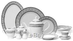 Euro Porcelain 57-pc Dinnerware Set'Greek Key Silver' 24K Banquet Service for 8