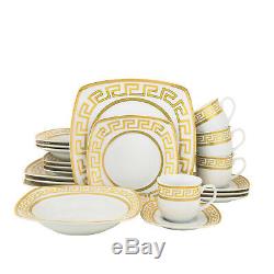 Euro Porcelain 57-pc Square Dinnerware Set Greek Key 24K Banquet Service for 8