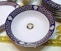 European Retro Style Greek Key/Medusa Luxury Blue/Gold Dinnerware Set 28 Pieces