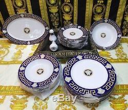 European Retro Style Greek Key/Medusa Luxury Blue/Gold Dinnerware Set 49 Pieces