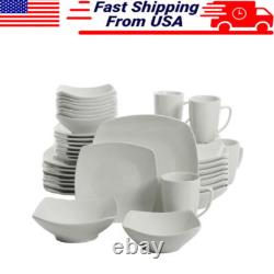 Everyday Square White Ceramic Expanded 40-Piece Dinnerware Set Machine Washable