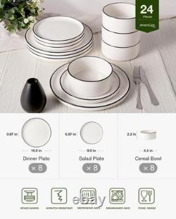 Famiware Dinnerware Set 24pc White Black Trim Service 8