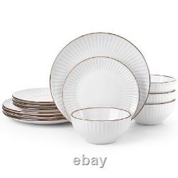 Famiware Plates and Bowls Sets, 12 Pieces Stoneware Dinnerware Sets, Dishes S