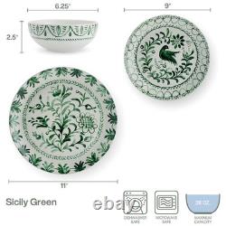 Fitz and Floyd Sicily Green 12 Piece Dinnerware Plate Bowl Set, Service for