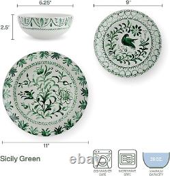 Fitz and Floyd Sicily Green 12 Piece Dinnerware Plate Bowl Set, Service for 4