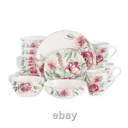 Floral Dinnerware Bone China Set, White with Pink Roses, Service for 4 20 Piece