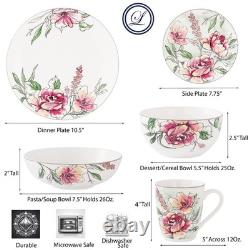 Floral Dinnerware Bone China Set, White with Pink Roses, Service for 4 20 Piece