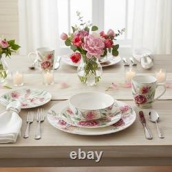 Floral Dinnerware Bone China Set, White with Pink Roses, Service for 4 20 Piece