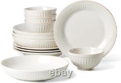 French Perle Groove White Stoneware 24-Piece Dinnerware Set for 8