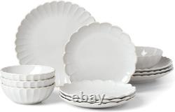French Perle Scallop 12-Piece Stoneware Dinnerware Set for 4, White