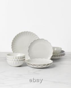 French Perle Scallop 12-Piece Stoneware Dinnerware Set for 4, White