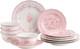Genevieve 12-Piece Pink Porcelain Dinnerware Set Microwave Safe & Chip-Resista