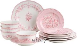 Genevieve 12-Piece Pink Porcelain Dinnerware Set Microwave Safe & Chip-Resista