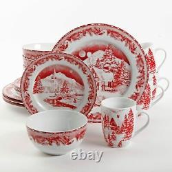 Gibson Elite Winter Cottage 16pc Dinnerware Set Red Ceramic Dishes Serves/4 Gift