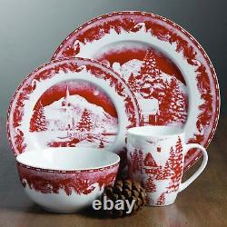 Gibson Elite Winter Cottage 16pc Dinnerware Set Red Ceramic Dishes Serves/4 Gift