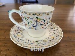 Gien TOSCANA 5 Flat Cups & Saucers Multi-Color Floral Scroll Scallop Edge France