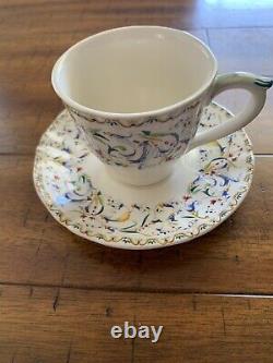 Gien TOSCANA 5 Flat Cups & Saucers Multi-Color Floral Scroll Scallop Edge France