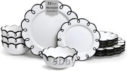 Glossy White 12-Piece Dinnerware Set for 4 with Black Scalloped Rims