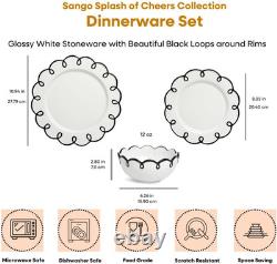 Glossy White 12-Piece Dinnerware Set for 4 with Black Scalloped Rims