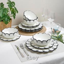 Glossy White 12-Piece Dinnerware Set for 4 with Black Scalloped Rims
