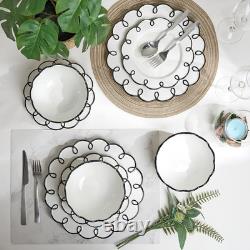 Glossy White 12-Piece Dinnerware Set for 4 with Black Scalloped Rims