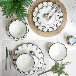 Glossy White 12-Piece Dinnerware Set for 4 with Black Scalloped Rims