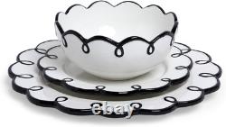 Glossy White 12-Piece Dinnerware Set for 4 with Black Scalloped Rims