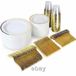 Gold Dinnerware 200 White/Gold Plastic Plates 300 Silverware 100 Cups 600 PCS