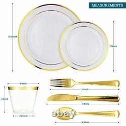 Gold Dinnerware 200 White/Gold Plastic Plates 300 Silverware 100 Cups 600 PCS