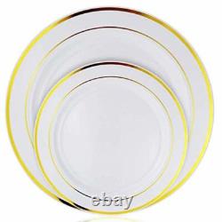 Gold Dinnerware 200 White/Gold Plastic Plates 300 Silverware 100 Cups 600 PCS
