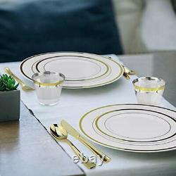 Gold Dinnerware 200 White/Gold Plastic Plates 300 Silverware 100 Cups 600 PCS