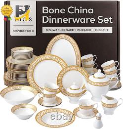 Golden Greek Key Bone China Dinnerware Set 57 Pieces FREE SHIPPING USA