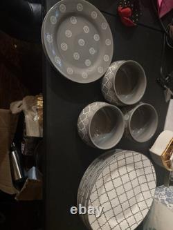 Gray White Geometric Ceramic Seven-Piece Dinner Set with Bowls Plates
