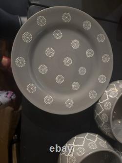 Gray White Geometric Ceramic Seven-Piece Dinner Set with Bowls Plates