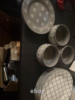 Gray White Geometric Ceramic Seven-Piece Dinner Set with Bowls Plates