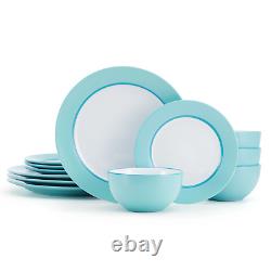 Grayson Teal 12-Piece Dinnerware Set Stoneware Round in White