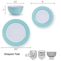 Grayson Teal 12-Piece Dinnerware Set Stoneware Round in White