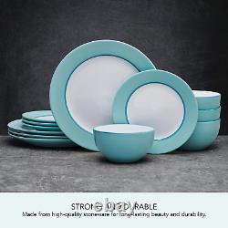 Grayson Teal 12-Piece Dinnerware Set Stoneware Round in White
