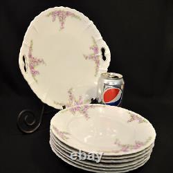 Habsburg China Austria Cake Plate & 6 Dessert Plates Purple Floral 1910-1930