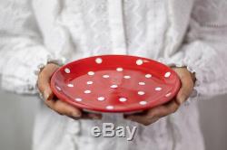 Handmade Red & White Polka Dot Ceramic Dinnerware Set, Dinning Set for Four