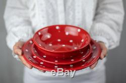 Handmade Red & White Polka Dot Ceramic Dinnerware Set, Dinning Set for Four