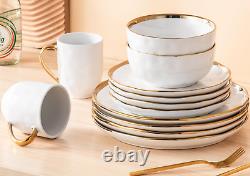 Handmade Stoneware Dish Set White with Gold Trim Dinnerware Set, 16 Pcs