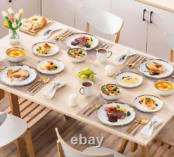 Handmade Stoneware Dish Set White with Gold Trim Dinnerware Set, 16 Pcs