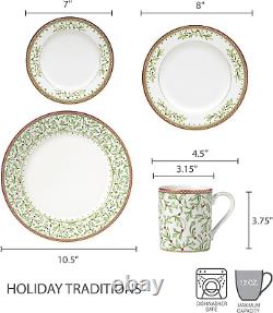 Holiday Traditions Dinnerware Set with Mugs (16 Piece), Green, White