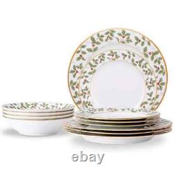 Holly and Berry Gold White Porcelain 12-Piece Dinnerware set (Service for 4)