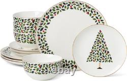 Ivory 12-Piece Evergreen Dinnerware Set for Holiday Hosting and Christmas