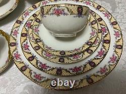 J POUYAT Limoges DINNERWARE SET 1920 Pink Rose Yellow Lattice 50pc Antique Deco