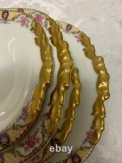 J POUYAT Limoges DINNERWARE SET 1920 Pink Rose Yellow Lattice 50pc Antique Deco